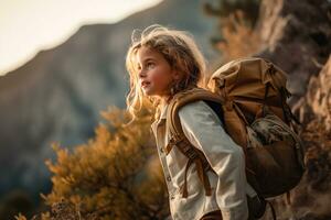 pequeño niña con mochila excursionismo en montaña pico a atardecer, viaje y aventuras concepto ai generado foto