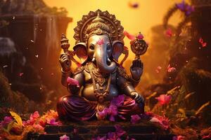 Hindu God Ganesha with flowers AI generated photo