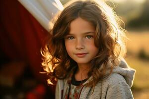 Portrait of cute little girl at camera while standing near camping tent at sunset AI generated photo