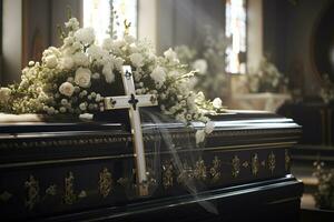 closeup shot of a casket in a hearse or chapel before funeral or burial at cemetery AI generated photo