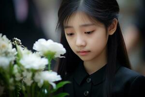 Portrait of a little asian girl with in the cemetery,Funeral Concept AI generated photo