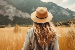 Young woman with backpack hiking in the mountains. Travel and adventure concept. AI generated photo