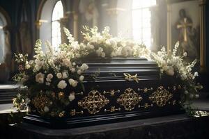 closeup shot of a casket in a hearse or chapel before funeral or burial at cemetery AI generated photo