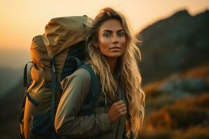 Beautiful woman hiker with backpack hiking in the mountains at sunset AI generated photo