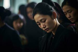 Asian woman in mourning at a funeral, shallow depth of field.Funeral Concept AI generated photo