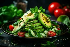 Tasty salad in avocado on table. Generate Ai photo