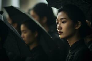 Asian woman in mourning at a funeral, shallow depth of field.Funeral Concept AI generated photo