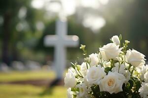 white flowers in front of a gravestone at a cemetery with sunset.Funeral Concept AI generated photo