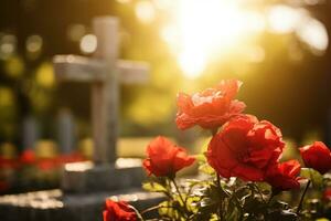 rojo rosas en un tumba a un cementerio durante el puesta de sol con Copiar espacio ai generado foto