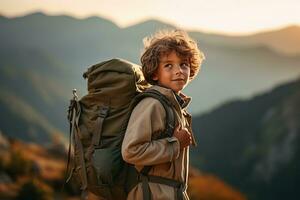 adorable pequeño chico con mochila excursionismo en montañas a puesta de sol. viaje y activo estilo de vida concepto ai generado foto