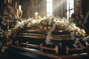 closeup shot of a casket in a hearse or chapel before funeral or burial at cemetery AI generated photo