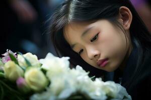 Portrait of a little asian girl with in the cemetery,Funeral Concept AI generated photo