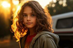 Portrait of cute little girl at camera while standing near camping tent at sunset AI generated photo