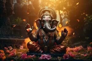 hindú Dios ganesha con flores ai generado foto