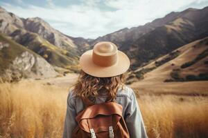 Young woman with backpack hiking in the mountains. Travel and adventure concept. AI generated photo