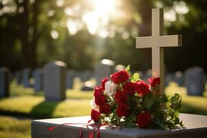 rojo rosas en un tumba a un cementerio durante el puesta de sol con Copiar espacio ai generado foto