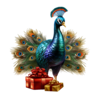 schön Pfau mit Geschenk Box ai generativ png