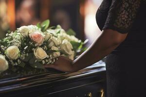 Closeup of a woman's hand placing a bouquet of white roses in a coffin.Funeral Concept AI generated photo