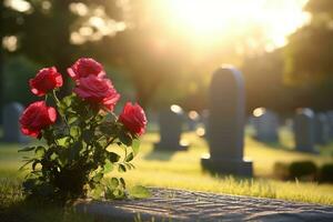 Red roses on a grave at a cemetery during the sunset with copy space AI generated photo