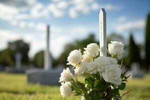 white flowers in front of a gravestone at a cemetery with sunset.Funeral Concept AI generated photo