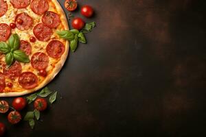 Pepperoni pizza on a Dark background. Top view with copy space. AI generated photo