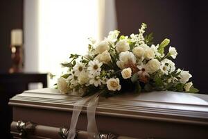 White coffin with flowers. The concept of funeral. AI generated photo