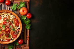 Thai food Som tum, Spicy green papaya salad.Top view AI generated photo