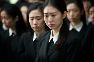 Asian woman in mourning at a funeral, shallow depth of field.Funeral Concept AI generated photo