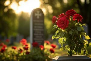 rojo rosas en un tumba a un cementerio durante el puesta de sol con Copiar espacio ai generado foto