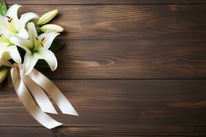 White lily flowers on wooden background. Top view with copy space.Funeral Concept AI generated photo