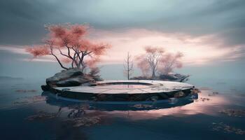 Surreal Snow Scenes with Large Circular Structure and Pink Clouds AI generated photo