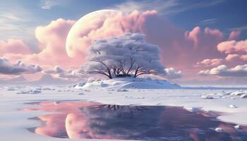 Surreal Snow Scenes with Large Circular Structure and Pink Clouds AI generated photo