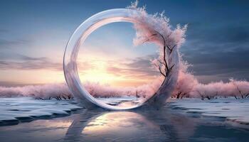 surrealista nieve escenas con grande circular estructura y rosado nubes ai generado foto