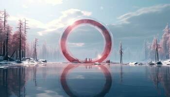 surrealista nieve escenas con grande circular estructura y rosado nubes ai generado foto