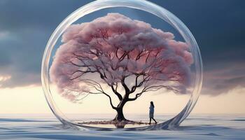 Surreal Snow Scenes with Large Circular Structure and Pink Clouds AI generated photo