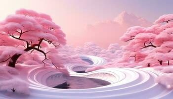 Surreal Snow Scenes with Large Circular Structure and Pink Clouds AI generated photo