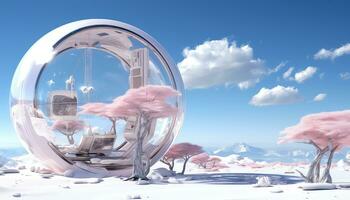 Surreal Snow Scenes with Large Circular Structure and Pink Clouds AI generated photo