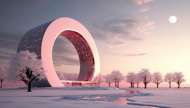 Surreal Snow Scenes with Large Circular Structure and Pink Clouds AI generated photo