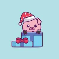 Cute pig in christmas gift simple cartoon vector illustration christmas concept icon isolated