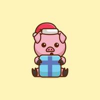 Cute pig huge christmas gift box simple cartoon vector illustration christmas concept icon isolated