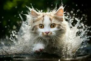 sorprendido gato salpicaduras agua correr. generar ai foto