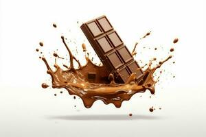 Chocolate bar with yummy caramel splash in air. Generate Ai photo
