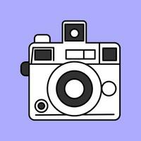 Cute old fashioned vintage camera drawn in flat style isolated on a lilac background. Photographer, carton minimalistic illustration. vector