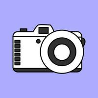 Cute white camera drawn in flat style isolated on lilac background, photography, doodle illustration. vector