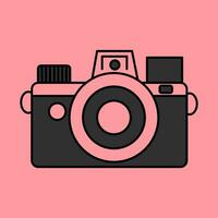 Cute pattern drawn in doodle style of a retro camera on a red background. Vintage element, old fashioned camera, photographer. vector