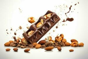 Broken chocolate bar with yummy salted peanuts. Generate AI photo