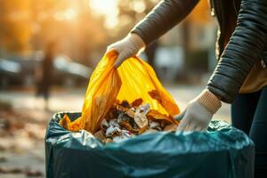 Woman opening bin to throw trash bag full of garbage. Generate Ai photo