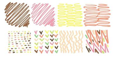 Set Pattern, line hand drawn texture. Hatch drawing pen ink crosshatch pencil sketch. Doodle scratch style. Candy pastel shape isolated on white background. Vintage graphic design. Vector illustration