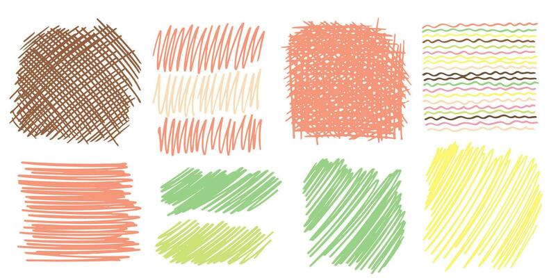 Set Pattern, line hand drawn texture. Hatch drawing pen ink crosshatch pencil sketch. Doodle scratch style. Candy pastel shape isolated on white background. Vintage graphic design. Vector illustration