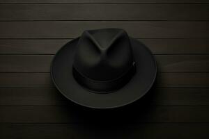 negro sombrero en de madera antecedentes. generado por artificial inteligencia foto
